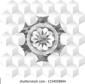 sun icon inside retro style grey emblem with geometric cube white background