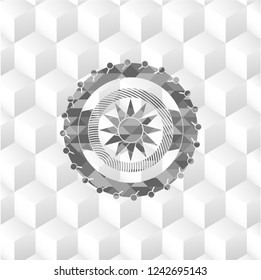 sun icon inside retro style grey emblem with geometric cube white background