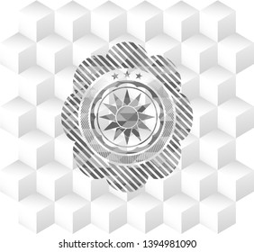 sun icon inside retro style grey emblem with geometric cube white background