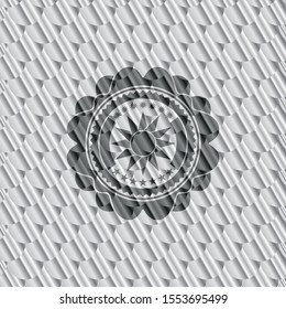 sun icon inside silver color badge. Scales pattern. Vector Illustration. Detailed.