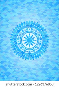 sun icon inside sky blue emblem with mosaic ecological style background