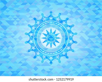 sun icon inside sky blue emblem with mosaic ecological style background