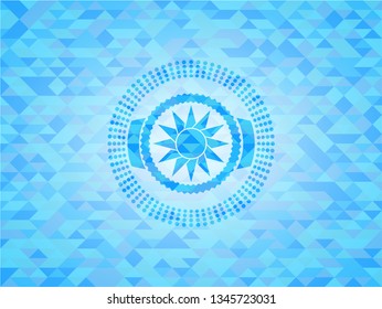 sun icon inside sky blue emblem. Mosaic background