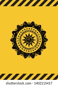 sun icon inside warning sign, black grunge emblem. Vector Illustration. Detailed.