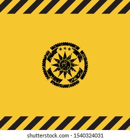sun icon inside warning sign, black grunge emblem. Vector Illustration. Detailed.