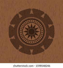 sun icon inside wooden emblem. Vintage.