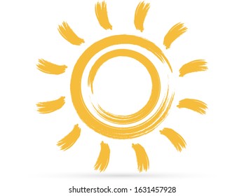 Sun icon isolated on white. Kids hand drawing design. Vector stock illustration