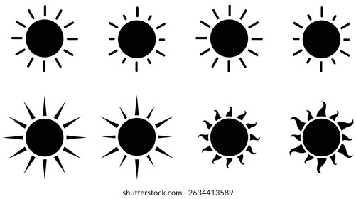 Sun icon isolated set collection on white background. Sun icon with bold rays. Flat sun symbol vector. Sunshine graphic illustration. Circular sun silhouette. Stylized sunshine with rays. Vector icons