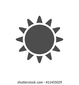 Sun icon. Light sign with sunbeams. Black design element, isolated on white background. Symbol of sunrise, heat, sunny and sunset, sunlight. Flat modern style for weather forecast. Vector Illustration