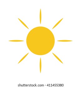 Sun icon. Light sign with sunbeams. yellow design element, isolated on white background. Symbol of sunrise, heat, sunny and sunset, sunlight. Flat modern style for weather forecast Vector Illustration