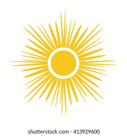 Sun icon. Light sign with sunbeams. Yellow design element, isolated on white background. Symbol of sunrise, heat, sunny and sunset, sunlight. Flat modern style for weather forecast Vector Illustration