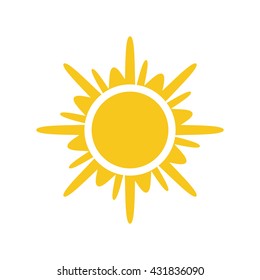 Sun icon. Light sign with sunbeams. Yellow design element, isolated on white background. Symbol of sunrise, heat, sunny and sunset, sunlight. Flat modern style for weather forecast Vector Illustration