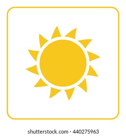 Sun icon. Light sign with sunbeams. Yellow design element, isolated on white background. Symbol of sunrise, heat, sunny and sunset, sunlight. Flat modern style for weather forecast Vector Illustration