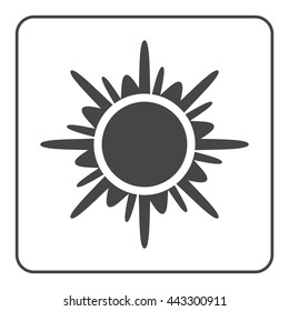 Sun icon. Light sign with sunbeams. Black design element, isolated on white background. Symbol of sunrise, heat, sunny and sunset, sunlight. Flat modern style for weather forecast. Vector Illustration