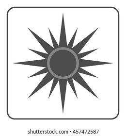 Sun icon. Light sign with sunbeams. Black design element, isolated on white background. Symbol of sunrise, heat, sunny and sunset, sunlight. Flat modern style for weather forecast. Vector Illustration