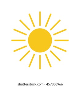 Sun icon. Light sign with sunbeams. Yellow design element, isolated on white background. Symbol of sunrise, heat, sunny and sunset, sunlight. Flat modern style for weather forecast Vector Illustration