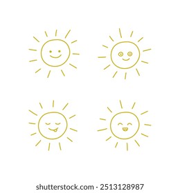 Conjunto de líneas de icono de sol, conjunto dibujado a mano doodle. Sol y brillo solar. Círculo decorativo sol y luz del sol con cara feliz. Energía solar caliente. Los niños pintan. Ilustración vectorial