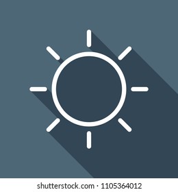 Sun icon. Linear, thin outline. White flat icon with long shadow on background