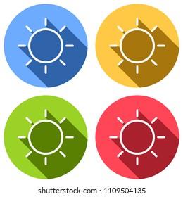 Sun icon. Linear, thin outline. Set of white icons with long shadow on blue, orange, green and red colored circles. Sticker style