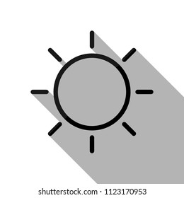 Sun icon. Linear, thin outline. Black object with long shadow on white background