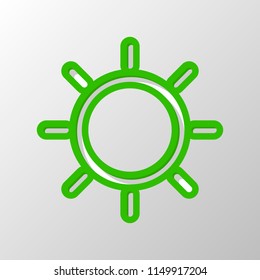 Sun icon. Linear, thin outline. Paper style. Cut symbol with green bold contour on shape and simple shadow