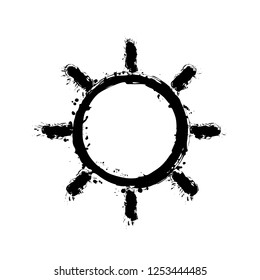 Sun icon. Linear, thin outline. Black ink with splashes on white background