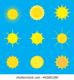 Sun icon and Sun logo and labels on blue sky background. Set of different sun web icons. For Art, Print, Web design. Sun symbols Vector illustration.