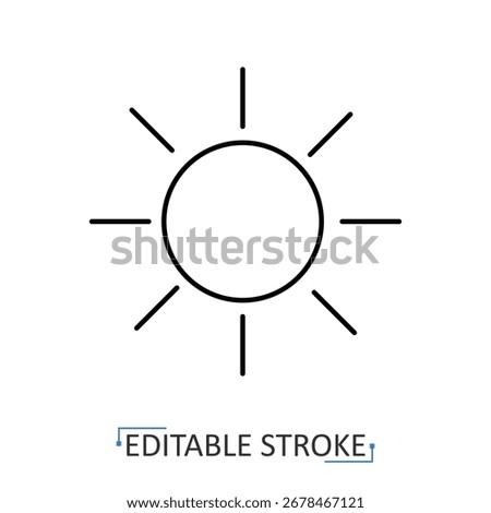 A sun icon in minimalist style with editable stroke. Nature symbol, weather element, climate object, energy source, astronomy sign, bright contour, solar graphic, celestial body