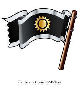 Sun icon on black, silver, and gold vector flag