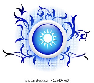 sun icon on blue decorative button