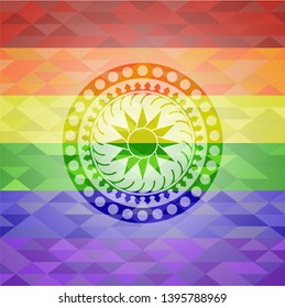 sun icon on mosaic background with the colors of the LGBT flag