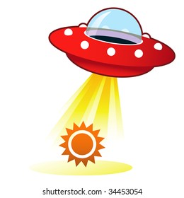 Sun icon on retro flying saucer UFO with light beam.