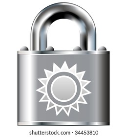 Sun icon on secure vector lock button.