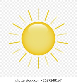 The sun icon on a transparent background. The sun with highlights and rays. Logo, sun sticker. The concept of summer and weather. Vector EPS 10.