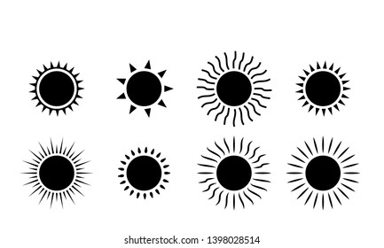 Icono de sol sobre fondo blanco para diseño gráfico y web. Grandes iconos de sol negros aislados en fondo blanco.