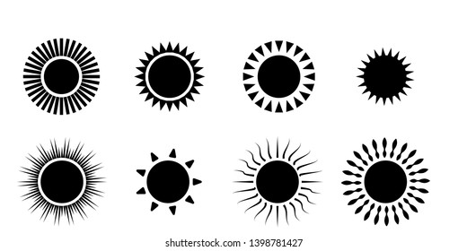 Sun icon on white background for graphic and web design. Big black sun icons set isolated on white background.