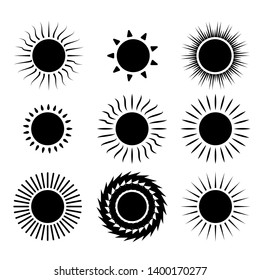 Sun icon on white background for graphic and web design. Big black sun icons set isolated on white background.