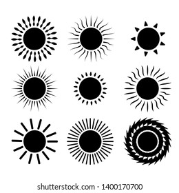 Sun icon on white background for graphic and web design. Big black sun icons set isolated on white background.