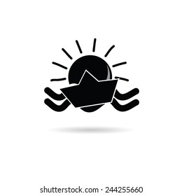 sun icon with paper boat black vector illustration