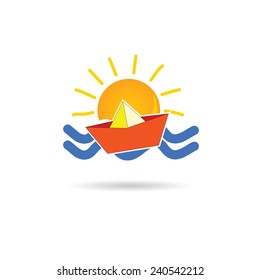 sun icon with paper boat vector illustration