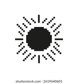 Sun Icon In Pixel Art Style. Brightness, Energy, And Solar Power Symbol. Retro Digital Design. Isolated Vector Illustration.