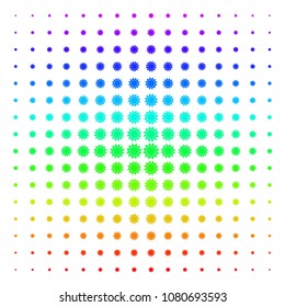 Sun icon rainbow colored halftone pattern. Vector sun symbols organized into halftone grid with vertical rainbow colors gradient. Designed for backgrounds, covers and abstraction compositions.