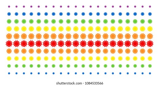 Sun icon rainbow colored halftone pattern. Vector items organized into halftone matrix with vertical spectrum gradient. Designed for backgrounds, covers, templates and abstraction effects.