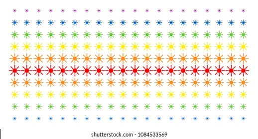 Sun icon rainbow colored halftone pattern. Vector items arranged into halftone grid with vertical rainbow colors gradient. Constructed for backgrounds, covers, templates and abstract compositions.