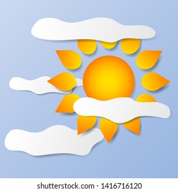 Sun icon with rays and clouds, 3D cut out paper effect with shadows