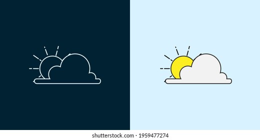 Sun icon with rays and clouds. Vector illustration of a weather forecast. Logo and symbol of cloudy weather
