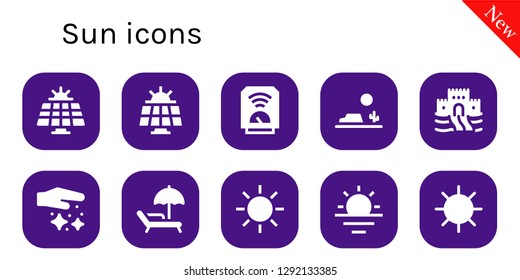  sun icon set. 10 filled sun icons. Simple modern icons about  - Solar panel, Heater, Desert, Sand castle, Dust, Sunbed, Sun, Sunrise
