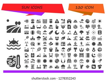  sun icon set. 120 filled sun icons. Simple modern icons about  - Field, Global warming, Sunset, Solar system, Sunflower, Farm, Hydro power, Swimsuit, Energy, Surfboard, Sand castle