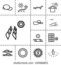 Sun icon. set of 13 outline sunicons such as sunbed, house under sun, sun, flip flops, baseball cap, sea and gull