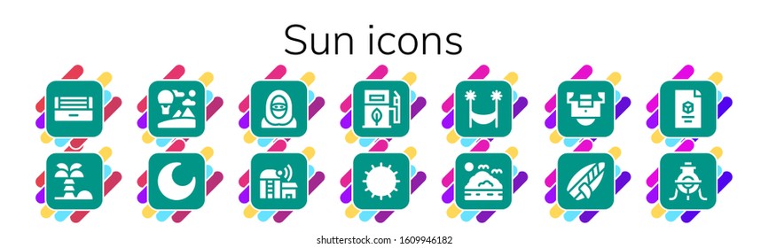 sun icon set. 14 filled sun icons. Included Ultraviolet, Coconut tree, Sky, Night, Desert, Farm, Eco fuel, Sun, Hammock, Sea, Field, Surfboard, d, Alchemy icons